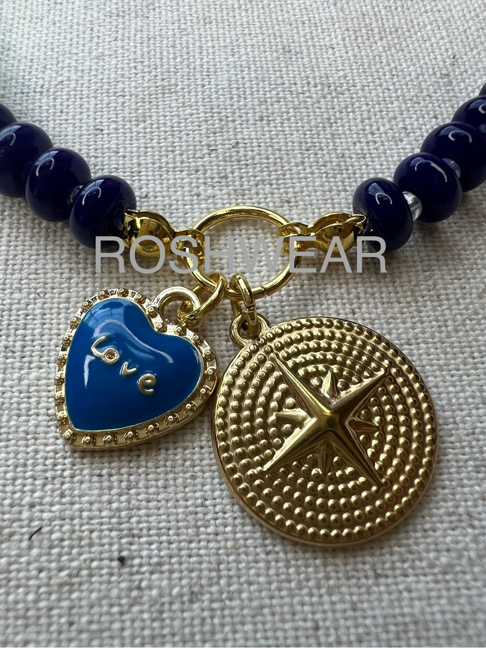Gold Charm Beaded Necklace with Blue Heart Pendant - Picture 7 of 8